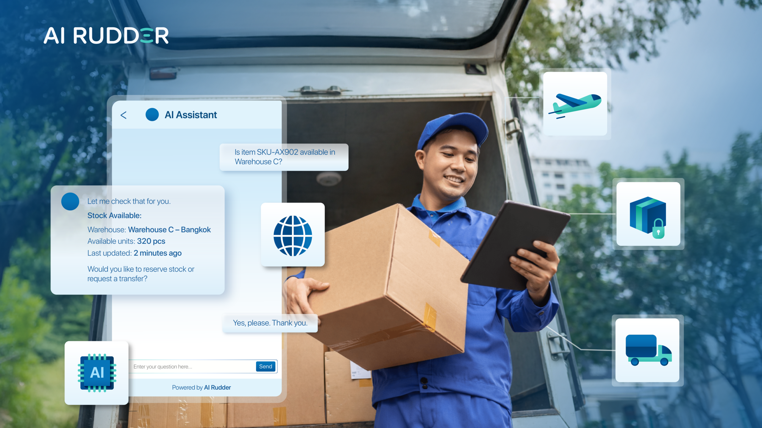 A logistics worker using a tablet to check real-time warehouse stock and shipping status via AI Rudder’s AI Assistant interface.