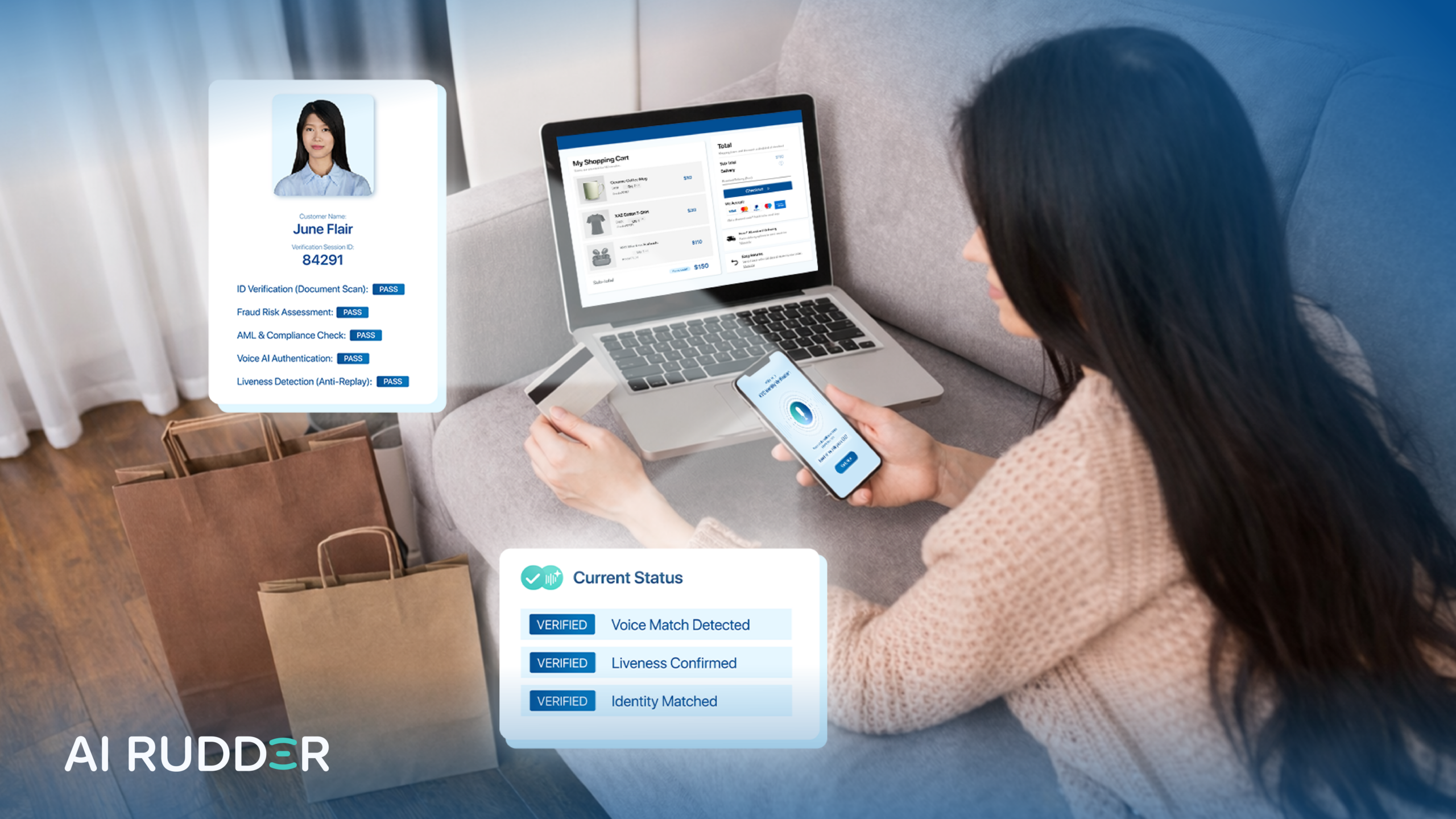 A customer completing a secure transaction using Voice AI for e-commerce KYC on a smartphone, showing verified status for voice match and liveness detection.