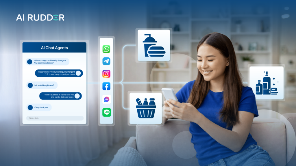 A young woman using a smartphone to interact with an AI Chat Agent for FMCG shopping across multiple social messaging platforms like WhatsApp, Instagram, and Facebook.